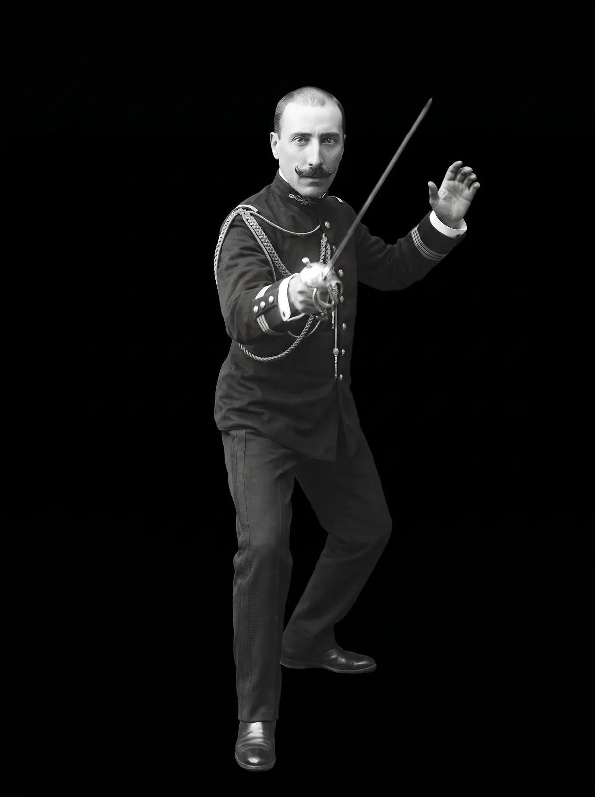 Émile in an en garde stance, foil raised